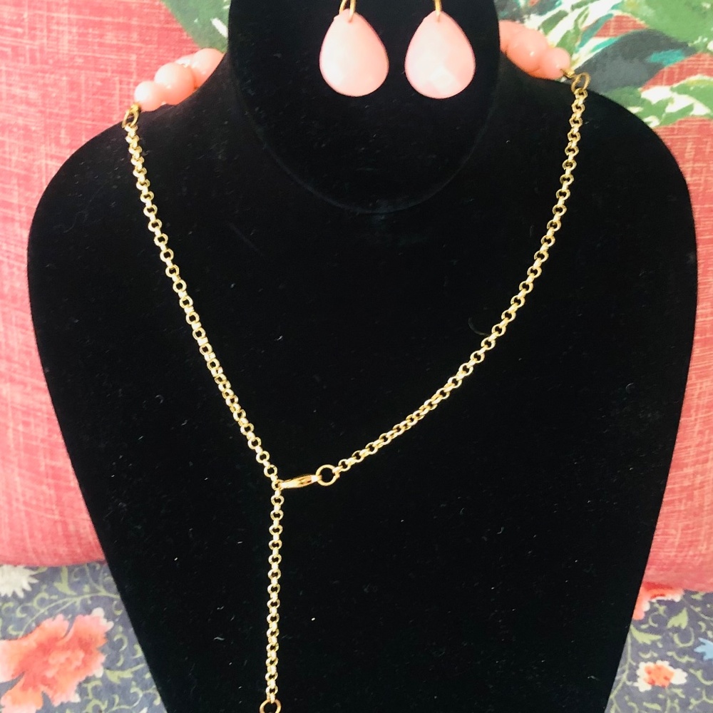 Vintage Rose Petal PINK STATEMENT NECKLACE/ ACRYLIC TEARDROP W/EAR NEW - Picture 8 of 9